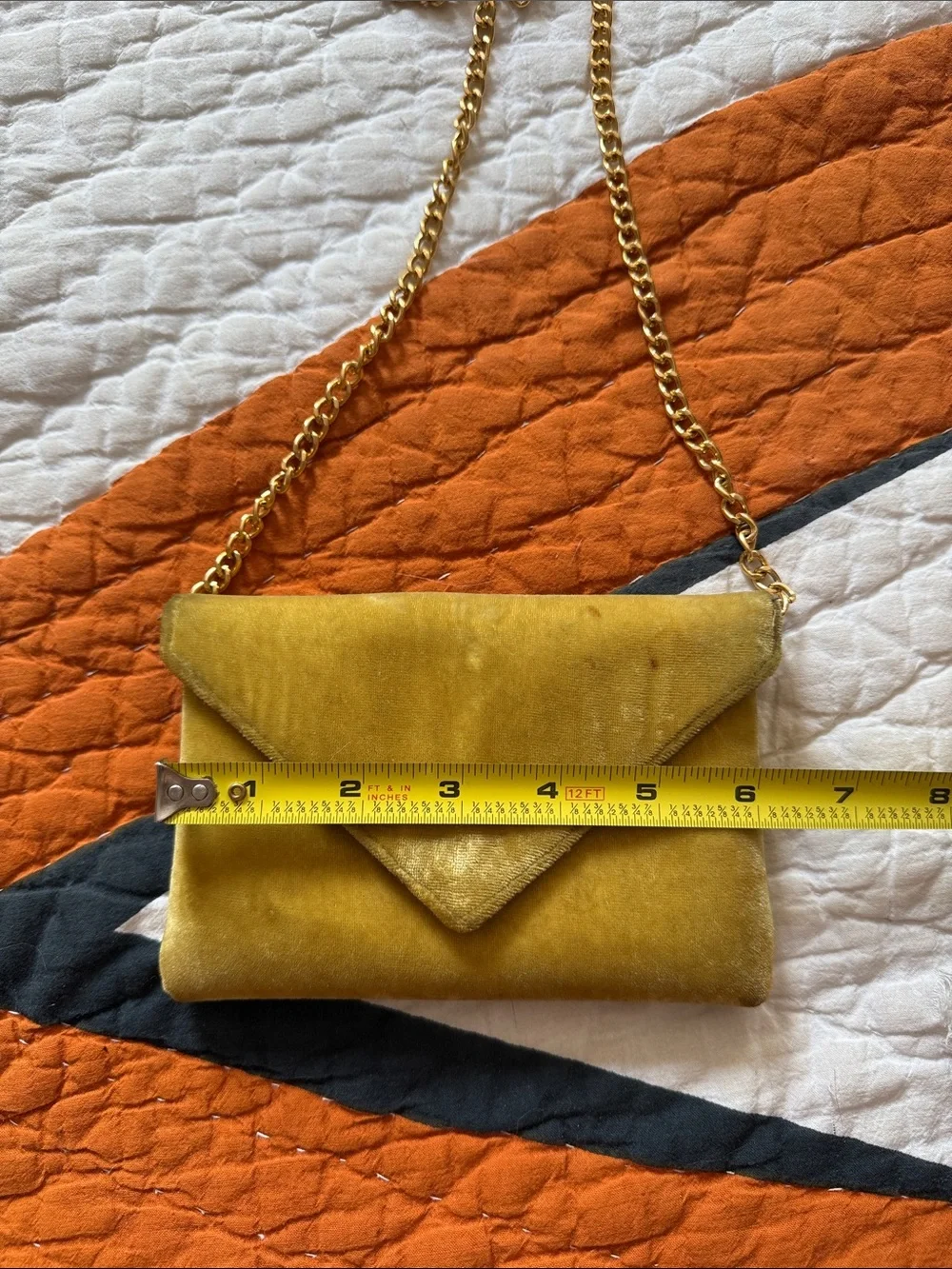Vintage Mustard Velvet Envelope Crossbody Bag with Gold Chain